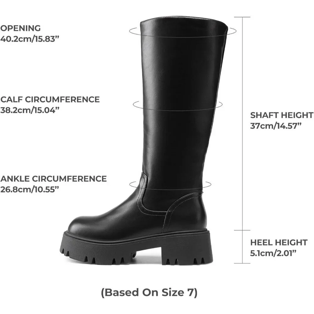 Women's Black Knee High Round-Toe Side Zip Stylish Comfortable Chunky Heel Boot